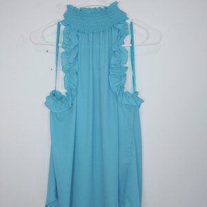 TEAL SMOCKED RUFFLED HALTER BLOUSE